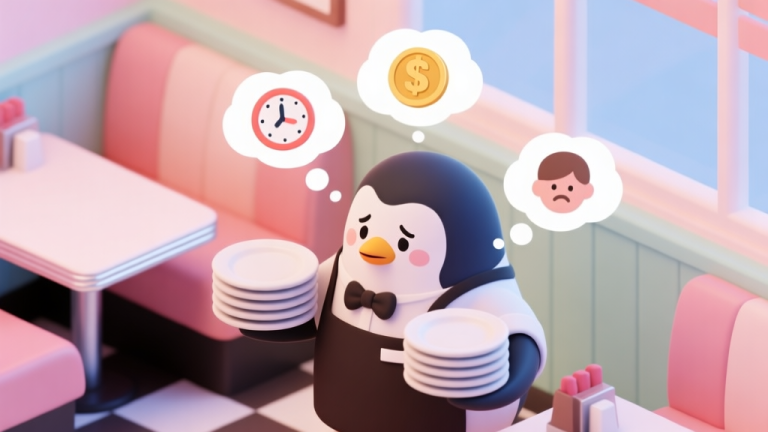 自动生成图片: A cute, slightly stressed penguin waiter in a diner holding multiple plates, with thought bubbles showing icons of clocks, coins, and customer faces, soft pastel color scheme, isometric view high quality illustration, detailed, 16:9