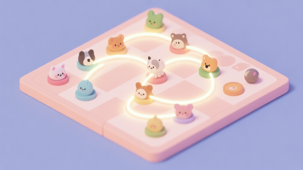 A clean, flat design illustration of a game board with various cute animal tokens connected by glowing lines, showing a cascading chain reaction about to happen, in a soft pastel color palette high quality illustration, detailed, 16:9