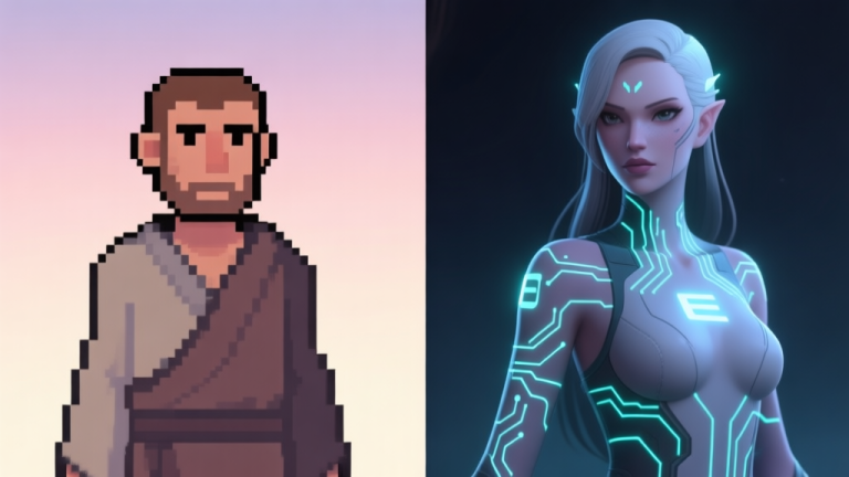 自动生成图片: A split-screen illustration showing two contrasting video game character designs on a soft, gradient background. Left side: a pixel-art style male character (Adam) with simple robes. Right side: a detailed, modern 3D render of a female character (Eve) with glowing circuit patterns on her skin. The overall mood is mysterious and conceptual. high quality illustration, detailed, 16:9