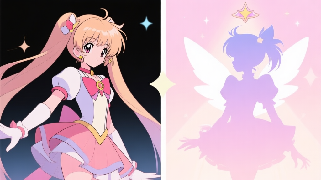 Split-screen illustration comparing two distinct game art styles, one with classic 90s anime aesthetic and one with modern crisp animation, featuring magical girl silhouettes, soft pastel color palette high quality illustration, detailed, 16:9