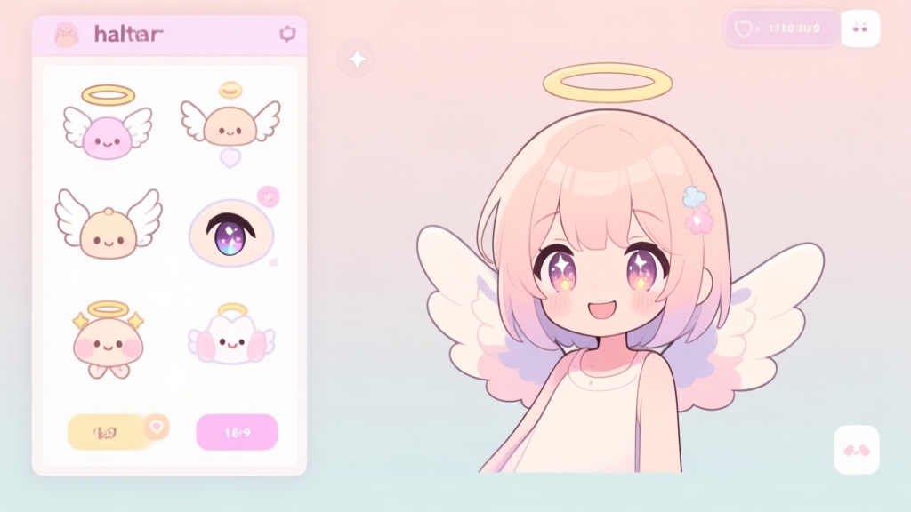 A cozy, inviting digital art style screenshot of a character creator interface. On the left, a panel shows various cute angel-themed options like halos, fluffy wings, and sparkly eyes. On the right, a preview of a gentle, smiling anime-style angel character with soft pastel colors, against a simple pastel background. high quality illustration, detailed, 16:9