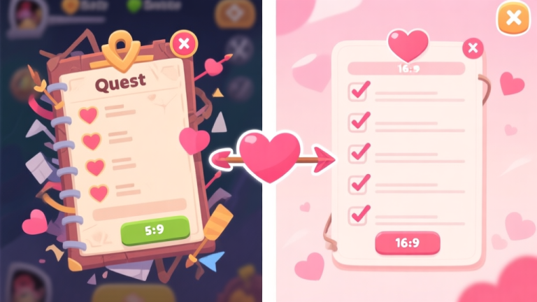 自动生成图片: A split-screen game illustration showing a chaotic quest log on one side and a clean, prioritized checklist on the other, with a Valentine's theme of hearts and arrows connecting them, soft pastel color palette high quality illustration, detailed, 16:9