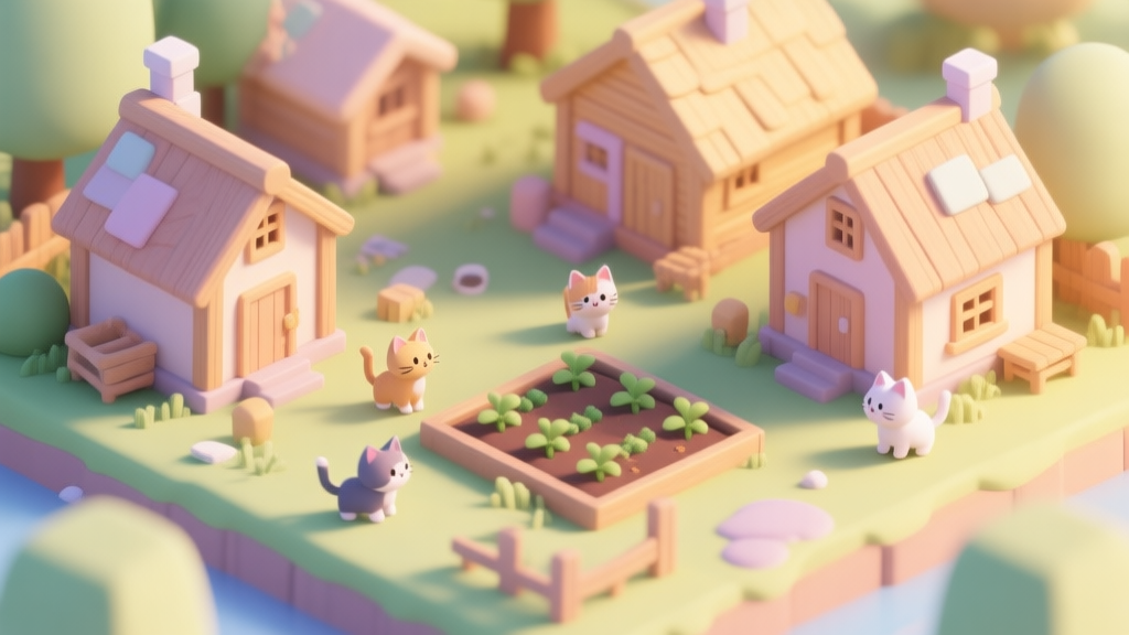 A cozy, isometric view of a beginner's Kitten Village with a few basic wooden houses, a small farm plot, and adorable cartoon kittens wandering around, soft pastel color palette, warm sunlight, feeling hopeful but slightly disorganized high quality illustration, detailed, 16:9
