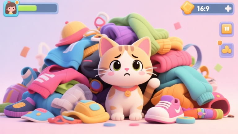 自动生成图片: A cute, slightly confused-looking cartoon kitten surrounded by a chaotic pile of colorful clothes and accessories, in a soft pastel color palette, game UI style high quality illustration, detailed, 16:9