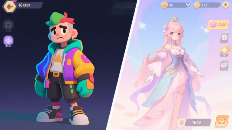 自动生成图片: A split-screen illustration showing a poorly dressed game character on the left with clashing colors and styles, and a perfectly coordinated, elegant character on the right, in a soft pastel color palette, game UI style high quality illustration, detailed, 16:9