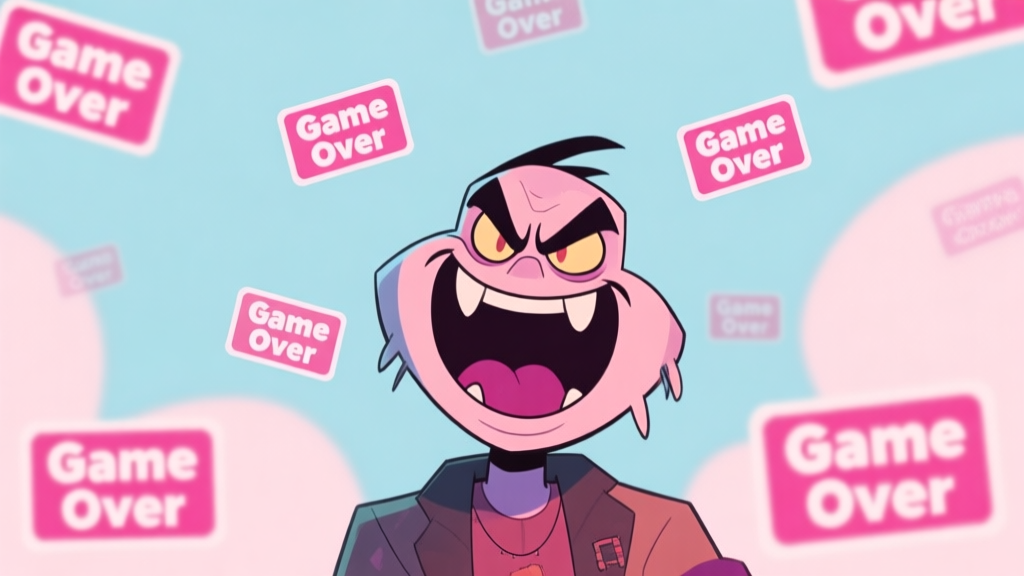 A stylized, frustrating game screen showing a cartoonish yet menacing character (Looney Roonks) laughing, with multiple 'Game Over' text floating around, in a soft pastel color palette with muted blues and pinks high quality illustration, detailed, 16:9