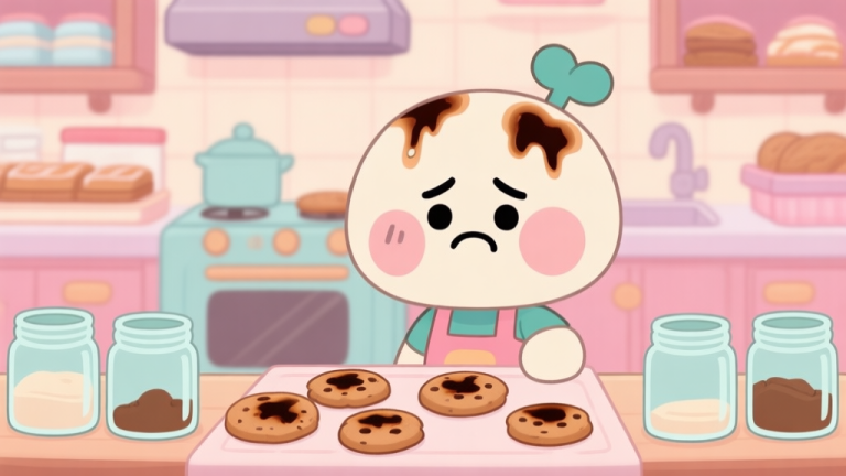 自动生成图片: A frustrated game character in a cute bakery kitchen, surrounded by burnt cookies and empty ingredient jars, cartoon style with soft pastel colors high quality illustration, detailed, 16:9