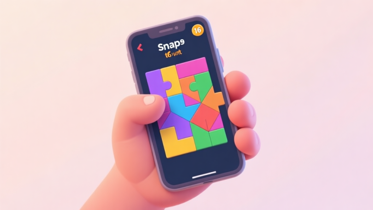 自动生成图片: A frustrated hand holding a smartphone showing a colorful, complex geometric puzzle from a game like Snap the Shape, with a timer about to run out, in a soft pastel color palette high quality illustration, detailed, 16:9