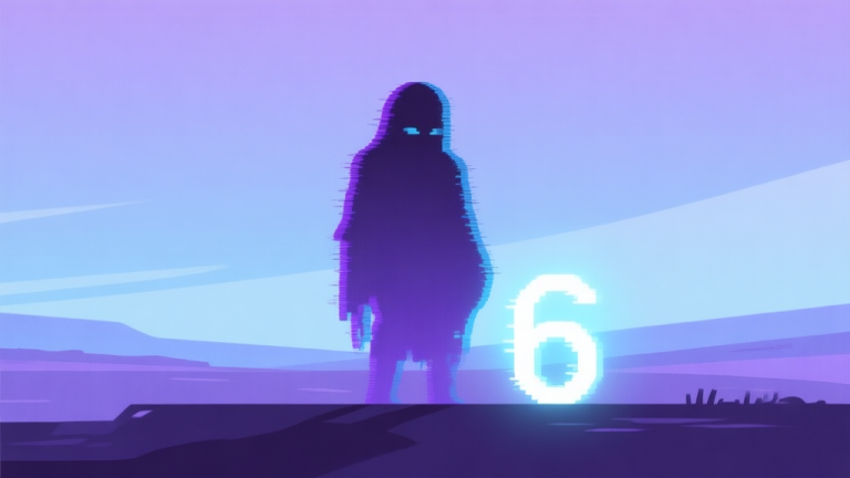 自动生成图片: A mysterious, slightly glitchy video game character silhouette in soft purple and blue hues, standing in a minimalist digital landscape, with the number '6' faintly glowing nearby, flat design style high quality illustration, detailed, 16:9
