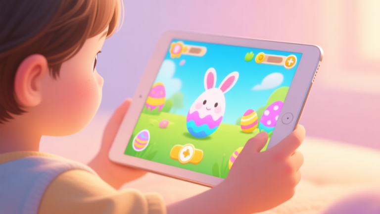 自动生成图片: A cozy, safe digital scene showing a child's hand holding a tablet with a colorful, non-violent Easter-themed game on screen, soft pastel background, warm lighting high quality illustration, detailed, 16:9