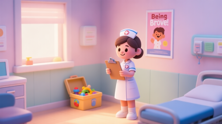 自动生成图片: A cozy, softly lit children's clinic room in a 2D game art style, with a friendly cartoon nurse character holding a clipboard, a toy box in the corner, and a poster about being brave on the wall, pastel color palette high quality illustration, detailed, 16:9