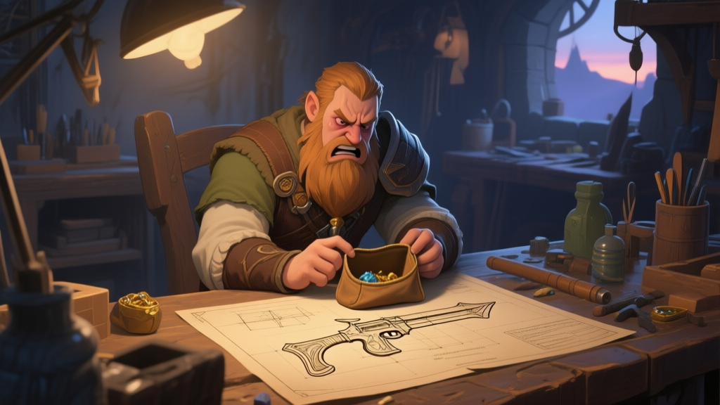 A frustrated game character sitting in front of a crafting table with an incomplete legendary weapon blueprint, looking at an empty resource pouch, soft evening lighting in a fantasy workshop high quality illustration, detailed, 16:9