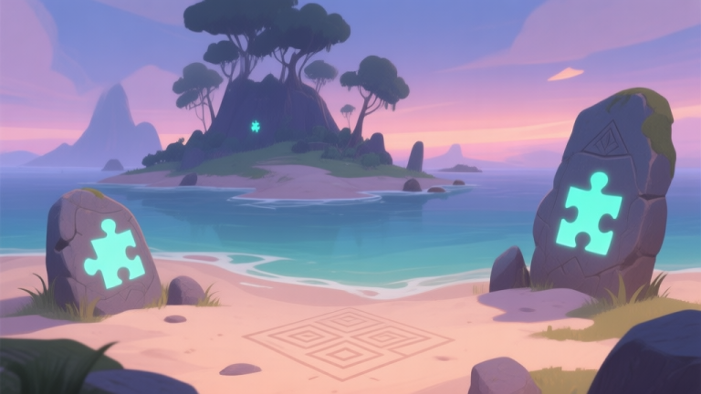 自动生成图片: A serene yet mysterious island landscape at dusk, with subtle glowing puzzle symbols etched into ancient stones and faint geometric patterns in the sand, soft pastel color palette, peaceful adventure game style high quality illustration, detailed, 16:9
