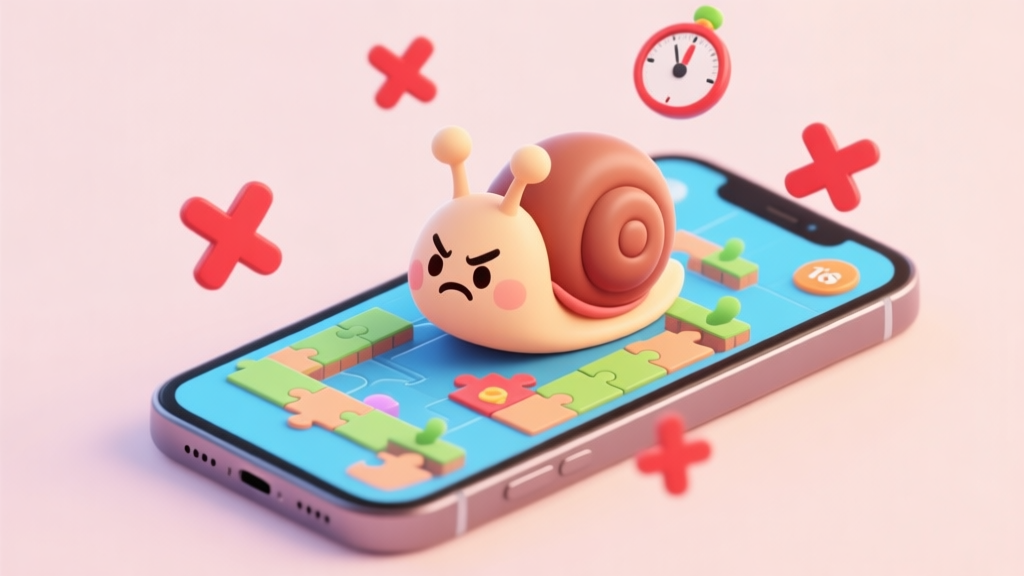 A cute cartoon snail character looking frustrated at a complex puzzle level on a mobile phone screen, with red X marks and timer icons floating around, in a soft pastel color palette high quality illustration, detailed, 16:9