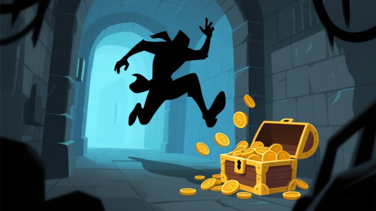 自动生成图片: A stylized, tense game scene in a dimly lit dungeon corridor. A shadowy, agile figure (the 'Pencuri Uang 2') is mid-leap towards the viewer's perspective, coins spilling from a treasure chest in the foreground. Soft blues and dark greys dominate the color palette, conveying danger and loss. high quality illustration, detailed, 16:9