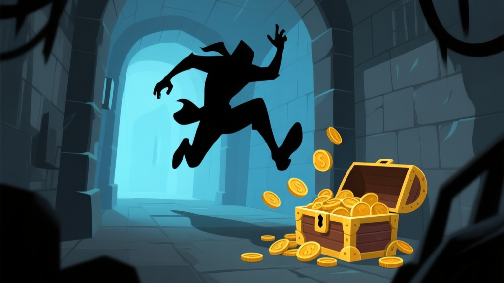 A stylized, tense game scene in a dimly lit dungeon corridor. A shadowy, agile figure (the 'Pencuri Uang 2') is mid-leap towards the viewer's perspective, coins spilling from a treasure chest in the foreground. Soft blues and dark greys dominate the color palette, conveying danger and loss. high quality illustration, detailed, 16:9