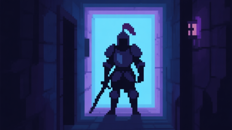 自动生成图片: A mysterious, pixelated silhouette of a knight character standing in a dark game corridor, soft glow around the edges, muted color palette of blues and purples, evoking a sense of hidden secrets high quality illustration, detailed, 16:9