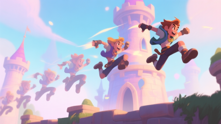 自动生成图片: A stylized, energetic video game character with multiple after-images, mid-jump in a fantastical tower setting, soft glow effects, pastel color palette, dynamic action shot high quality illustration, detailed, 16:9