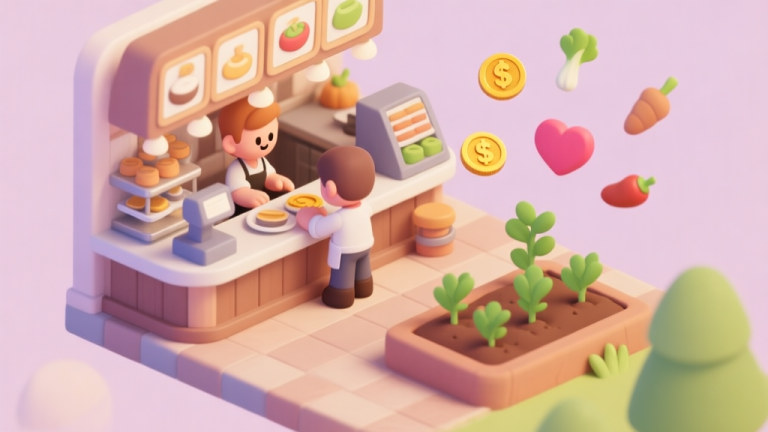 自动生成图片: A cozy, stylized game scene showing a character managing both a bustling restaurant counter and a small garden plot, with icons for coins, hearts, and ingredients floating above, soft pastel color palette, isometric view high quality illustration, detailed, 16:9