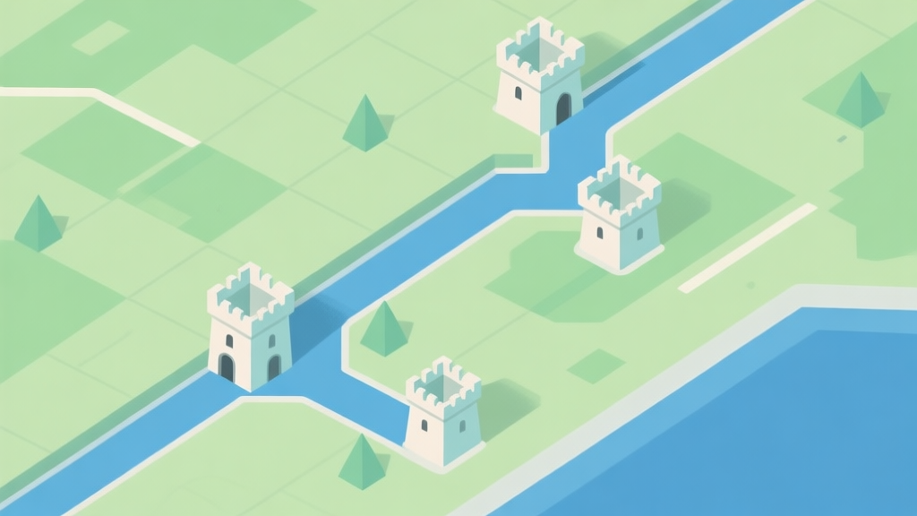 A top-down minimalist map view of a tower defense game path, with simple geometric towers placed at strategic bends, soft green and blue color palette, clean lines high quality illustration, detailed, 16:9