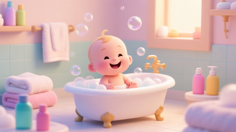 自动生成图片: A cheerful, cartoon-style spa room scene with a smiling baby character sitting in a small bathtub surrounded by gentle bubbles, fluffy towels, and colorful bottles, soft pastel color palette, warm lighting high quality illustration, detailed, 16:9