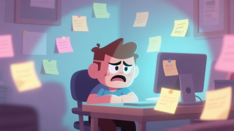 自动生成图片: A frustrated game character sitting at a desk, surrounded by glowing memo notes, some are clearly visible while others are faint and hidden in the shadows of the room, soft pastel color palette high quality illustration, detailed, 16:9
