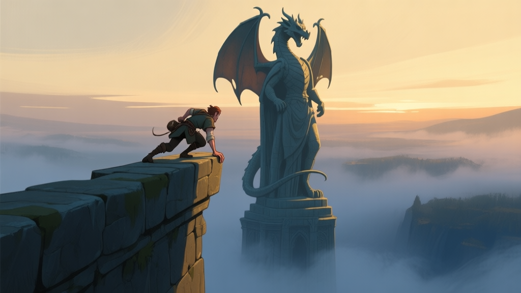 A stylized, tense game scene of a character clinging to a narrow, ancient stone ledge on a towering dragon statue, mist swirling below, soft sunset color palette with muted golds and deep blues high quality illustration, detailed, 16:9