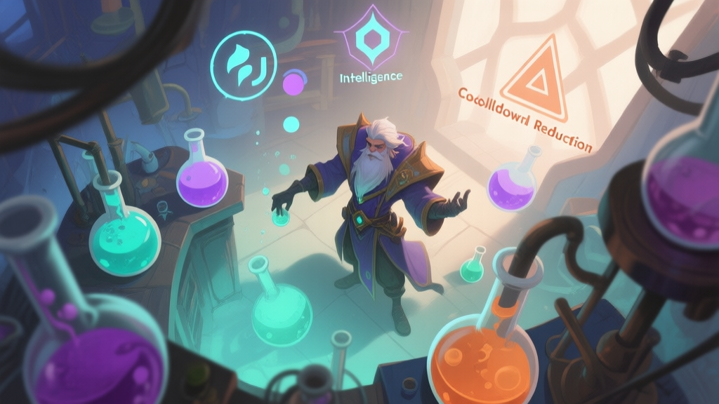 A stylized, top-down view of a fantasy alchemist character in a chaotic laboratory, surrounded by bubbling potions of various soft hues (teal, lavender, muted orange), with abstract symbols representing stats like Intelligence and Cooldown Reduction floating in the background, soft lighting, digital painting style high quality illustration, detailed, 16:9