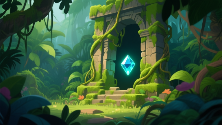 自动生成图片: A lush, vibrant jungle scene from a puzzle adventure game, with a single glowing gem half-hidden behind ancient vines and moss-covered ruins, soft lighting, detailed vegetation, inviting and mysterious atmosphere high quality illustration, detailed, 16:9