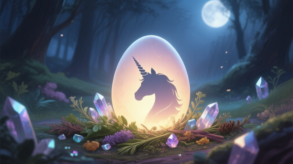A glowing, mystical egg with a unicorn horn silhouette inside, resting on a bed of rare herbs and shimmering crystals in a moonlit forest clearing, digital painting style, soft magical lighting high quality illustration, detailed, 16:9