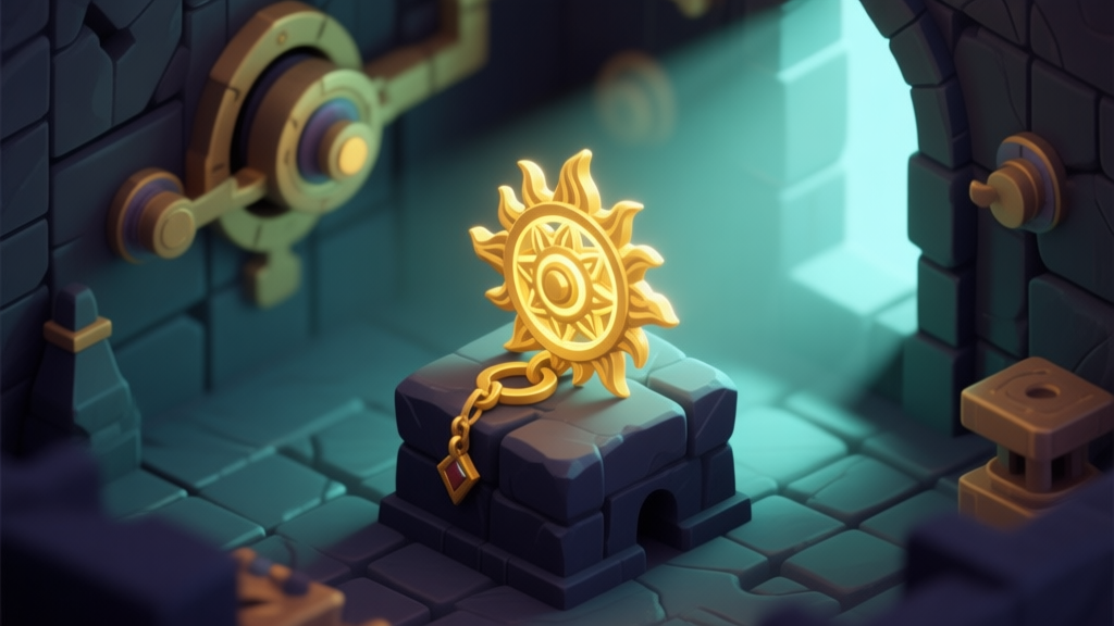 A glowing, intricate golden sun charm rests on a dark stone pedestal in a mysterious puzzle room, with faint light beams pointing towards hidden mechanisms, soft magical glow, isometric game view high quality illustration, detailed, 16:9