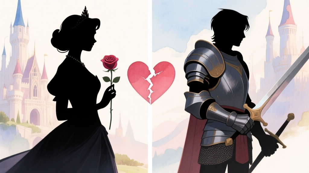 A split-screen illustration showing two distinct character silhouettes against a fantasy castle backdrop, one elegant and holding a rose, the other armored and holding a sword, with a torn heart symbol in the middle, soft watercolor style high quality illustration, detailed, 16:9