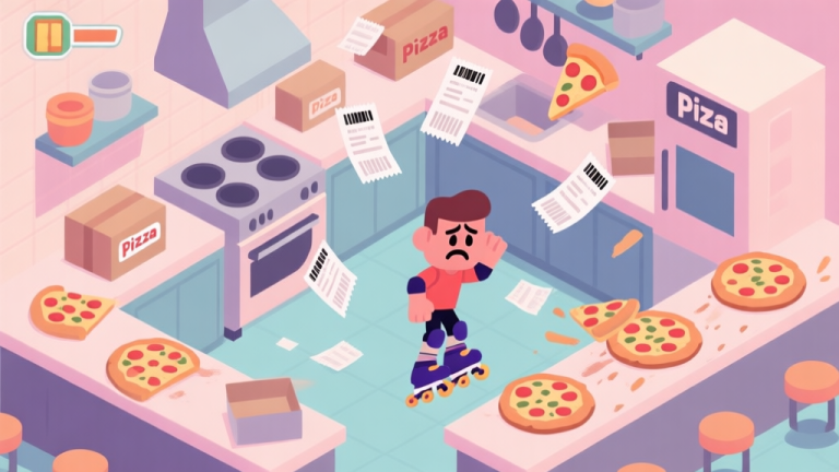 自动生成图片: An isometric view of a chaotic pizza delivery kitchen in a video game, with multiple order tickets floating, a character on roller skates looking stressed, and pizzas sliding on counters, soft pastel color palette, flat design style high quality illustration, detailed, 16:9