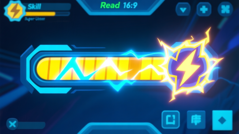 自动生成图片: A dynamic, stylized video game HUD showing a skill bar filling up with vibrant energy, culminating in a glowing, ready-to-use super attack icon. The style is semi-realistic with a focus on UI/UX design, using a cool blue and electric yellow color scheme. high quality illustration, detailed, 16:9