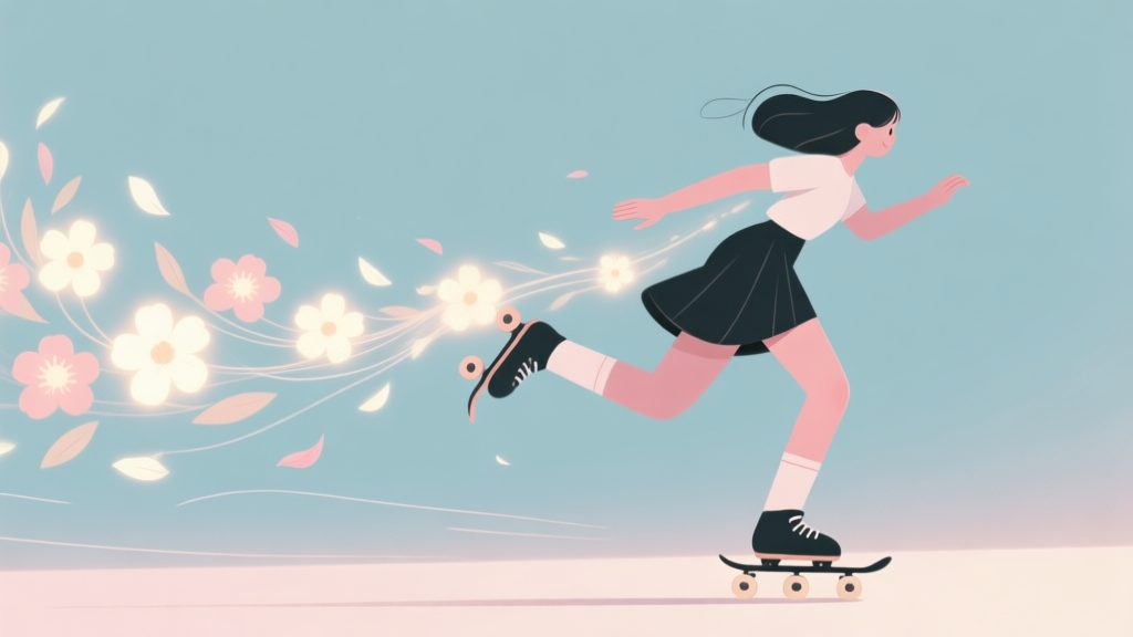 A stylized, minimalist illustration of a skater girl in motion, with a trail of glowing flowers and petals flowing behind her, soft pastel color palette, dynamic action lines high quality illustration, detailed, 16:9