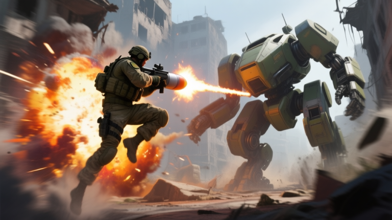 自动生成图片: Dynamic action game screenshot style, a soldier in mid-air firing a rocket that leaves a fiery trail, targeting a large mechanized enemy in a ruined urban environment, vibrant explosions, motion blur, epic lighting high quality illustration, detailed, 16:9