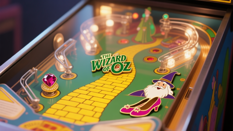 自动生成图片: A beautifully lit, detailed close-up of "The Wizard of Oz" pinball machine playfield, showing the yellow brick road path, ruby slippers, and the wizard's head, in a soft glow with a slightly vintage filter, muted colors high quality illustration, detailed, 16:9