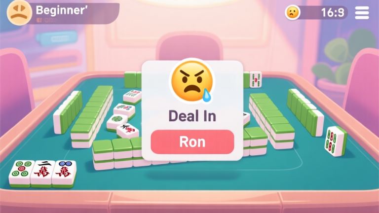 自动生成图片: A digital mahjong table interface seen from a beginner's perspective, with a confusing hand of tiles, a highlighted "Deal In" (Ron) message, and a frustrated emoticon sticker on screen, soft pastel game aesthetic high quality illustration, detailed, 16:9