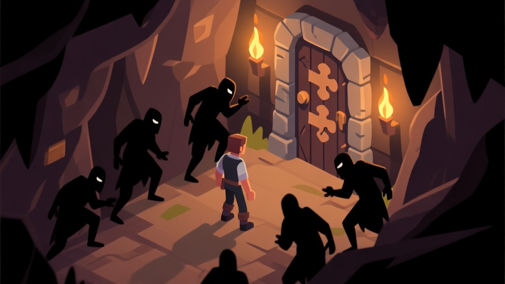 An isometric view of a dark, torch-lit cave corridor from a mobile adventure game, showing a character facing multiple shadowy thief figures, with puzzle-like markings on a stone door in the background, soft earthy color palette high quality illustration, detailed, 16:9