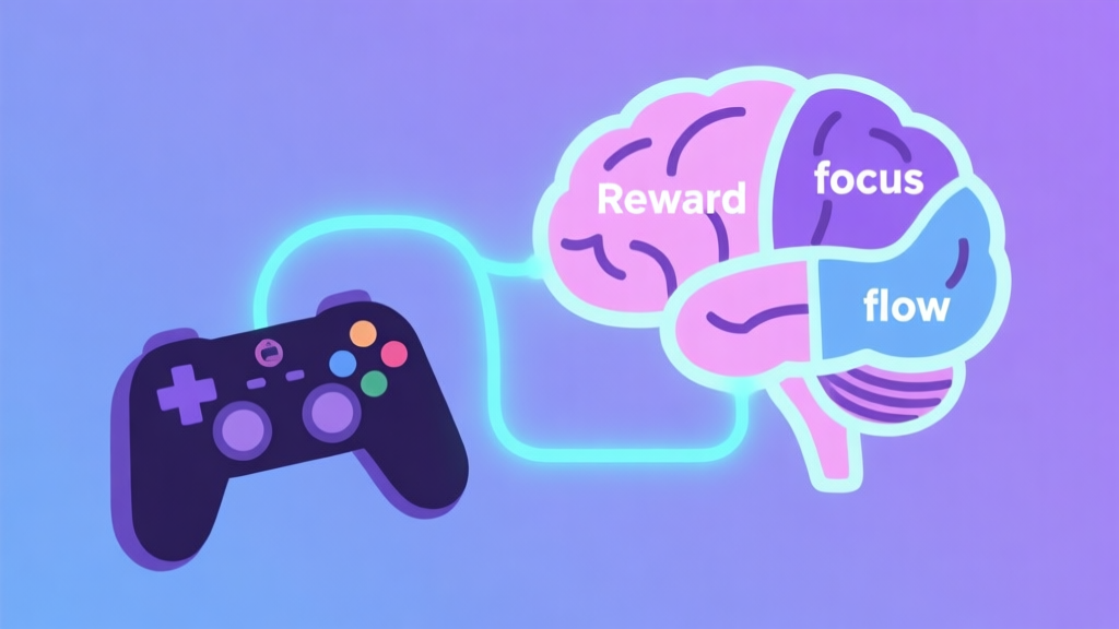 A stylized, minimalist illustration of a game controller with glowing neon lines connecting it to a stylized brain. The brain shows highlighted sections for 'reward', 'focus', and 'flow'. Soft purple and blue color scheme, flat design style. high quality illustration, detailed, 16:9