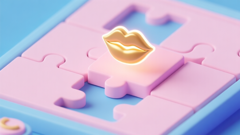 自动生成图片: A stylized, minimalist game UI showing a puzzle board with a glowing, golden set of lips icon hovering over a specific tile, with soft pink and blue pastel colors, clean lines high quality illustration, detailed, 16:9