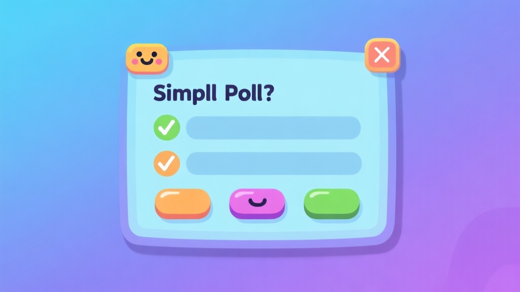 A stylized, friendly video game interface showing a simple poll question with multiple choice buttons, set against a soft gradient background of blues and purples, flat design style high quality illustration, detailed, 16:9