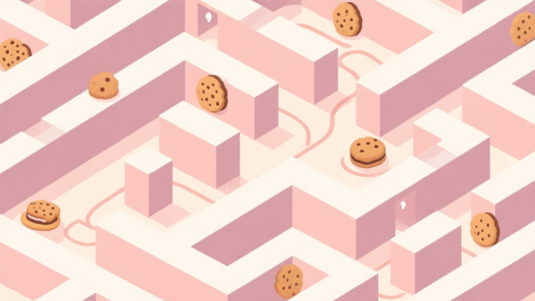 自动生成图片: A top-down view of a complex video game maze level, with multiple dead ends and a winding path, in a soft pastel color palette with cookie-themed obstacles, minimalist design high quality illustration, detailed, 16:9