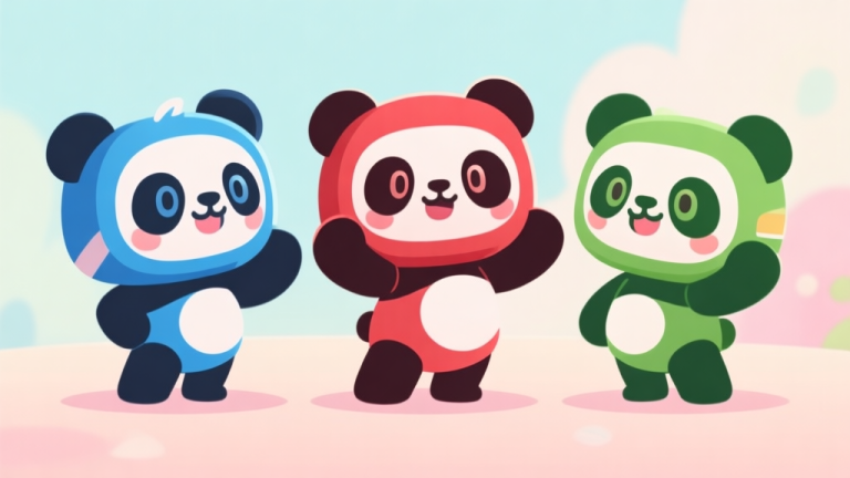 自动生成图片: Three cute panda game characters in distinct poses and colors (blue, red, green) standing together, looking playful and friendly, soft pastel background, game art style, vector illustration high quality illustration, detailed, 16:9