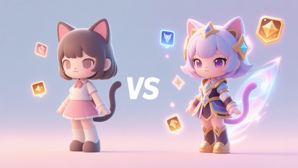 A stylized side-by-side comparison of a basic Cat Girl character model and an upgraded legendary version, showing subtle visual effects and stat icons floating around, in a soft pastel color palette with glowing accents high quality illustration, detailed, 16:9
