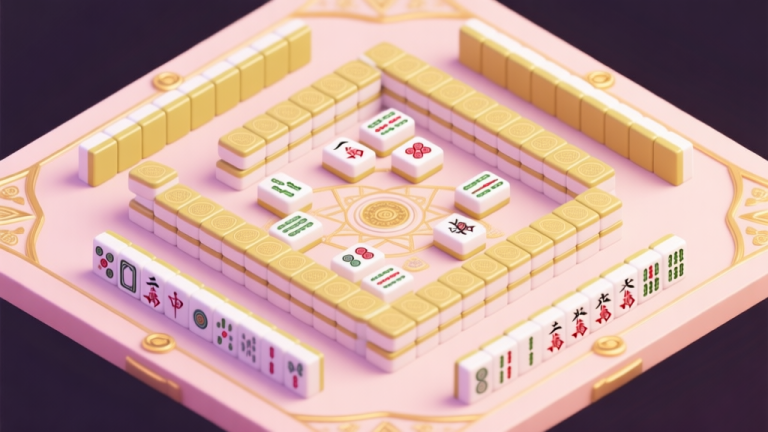 自动生成图片: A top-down view of a complex Alchemy Mahjongg game board, with intricate tile patterns and a few blocked layers, in a soft pastel color scheme with gold accents, isometric view high quality illustration, detailed, 16:9