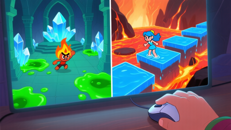 自动生成图片: A split-screen scene showing Fireboy on the left avoiding green slime pools in a crystal temple, and Watergirl on the right navigating blue water platforms over lava, with a frustrated player's hand holding a mouse in the foreground, soft lighting, illustrated game art style high quality illustration, detailed, 16:9
