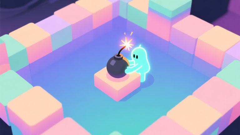 自动生成图片: A top-down view of a vibrant, abstract game arena with soft pastel-colored blocks, a glowing character placing a bomb with a fuse spark, minimalist style with clean lines and a soft gradient background high quality illustration, detailed, 16:9