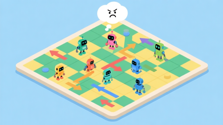 自动生成图片: A top-down view of a complex Go Robots puzzle level with multiple colored robots on a grid, arrows showing potential conflicting paths, a frustrated thought bubble above the board, in a clean flat design with soft blues, greens, and yellows high quality illustration, detailed, 16:9