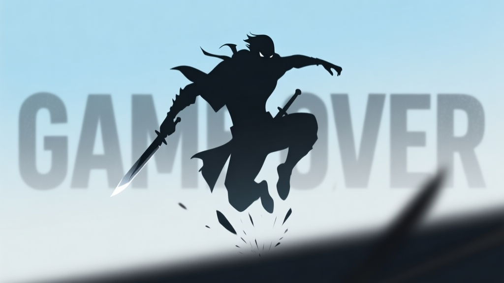 A stylized silhouette of a rogue character mid-fall against a soft gradient background of muted blues and greys, with faded "GAME OVER" text in the distance, conveying a sense of failure but with a subtle highlight on the character's dagger suggesting potential high quality illustration, detailed, 16:9